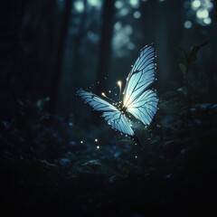 Glowing Butterfly in a Dark Forest at Night.