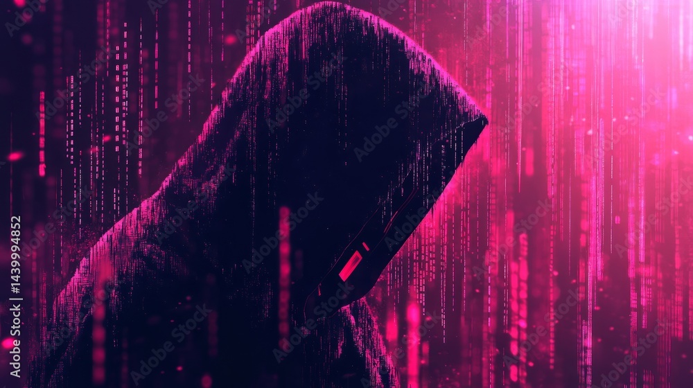 Poster glitchy cyber attack background with hooded hacker figure, cascading binary code, cybersecurity brea