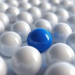 Blue sphere among white spheres; unique, different, standing out