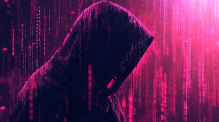 Glitchy cyber attack background with hooded hacker figure, cascading binary code, cybersecurity breach theme, vector style