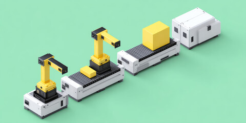Three yellow robotic arms manipulate boxes on white conveyor platforms, resembling industrial automation in a minimalistic design. The setting suggests a modern assembly line