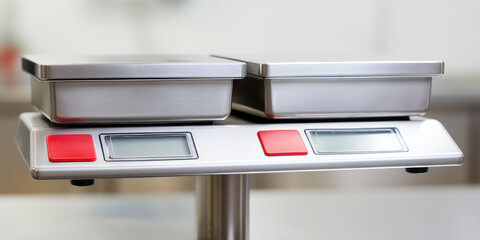 Stainless steel digital kitchen scale with dual trays and two empty digital displays. The device has two red buttons on a sleek gray base, suitable for precise culinary measurements