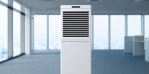 Tall white air conditioning unit with black vents in a modern office space. Large windows in the background 