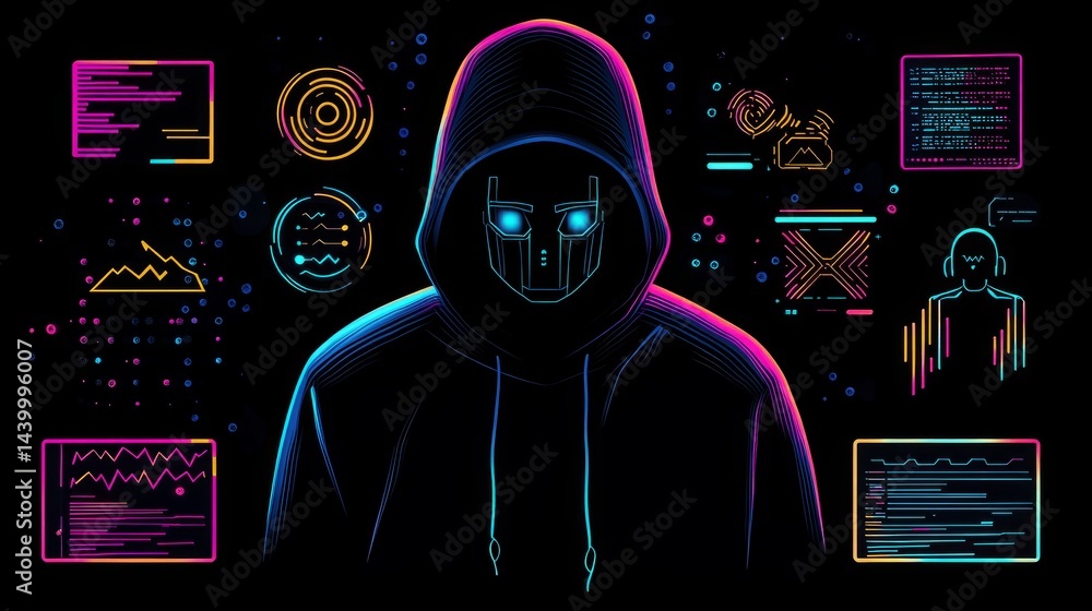 Poster stylized hacker in black hoodie with floating cyber attack symbols, abstract coding and breach alert