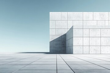 Minimalist architecture, concrete structure against a clear sky, showcasing geometric design and clean lines.