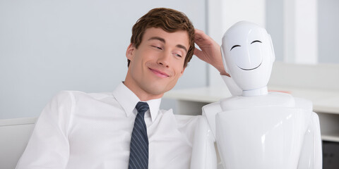 Smiling man in white shirt and tie leans against a white robot with a happy face. Both appear content in a friendly manner, embracing technology with human interaction in an office setting