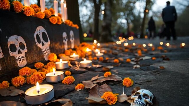 Low-angle close-up of burning tea light candles and orange marigold flowers scattered on the ground near a wall adorned with painted skulls, creating a Day of the Dead atmosphere