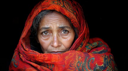 Thoughtful Woman with Intense Gaze and Traditional Headscarf in Somber Portrait