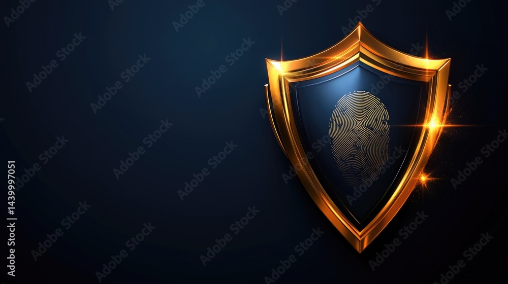 Poster golden shield with fingerprint inside and light sparks for digital security concept, personal id ver