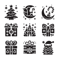 Christmas icon set silhouette with white and black