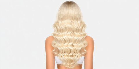 Obraz premium Long wavy blonde hair cascades down a woman's back, showcasing smooth, voluminous curls. 