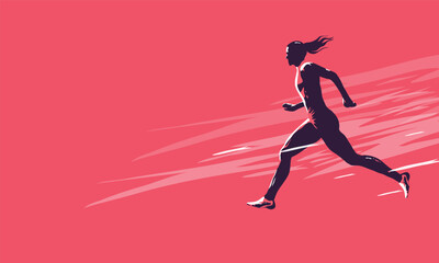 Woman running swiftly across red background