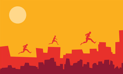 three people running across rooftops at sunset