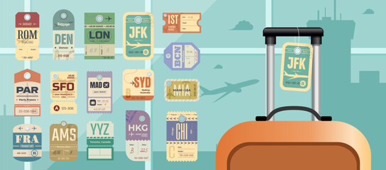 Set of beautiful vintage luggage tag, retro travel label set