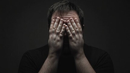 Portrait of a man expressing emotional pain and distress in a dark setting during a moment of introspection