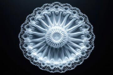 Intricate circular design, radiating symmetry, textured surface, resembling a mandala or snowflake.