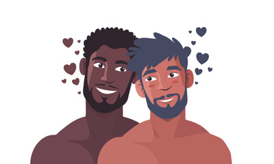 Two men smiling sweetly with floating hearts around