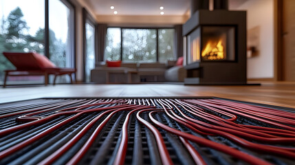 Underfloor heating system installation in a modern house.