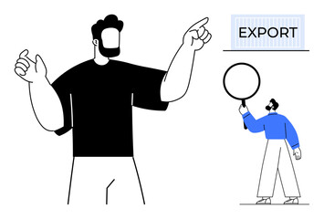 Large figure gesturing toward export sign, smaller person analyzing with magnifying glass. Ideal for business, trade, research, teamwork, strategy, guidance, and simple landing page