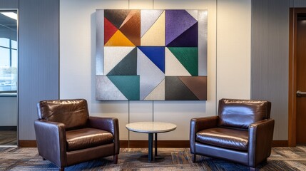 Abstract art in office lobby waiting area