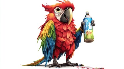 Colorful macaw parrot holding spray paint can.
