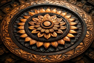 Intricate wooden carving showcasing a circular floral mandala design with detailed petals and patterns.