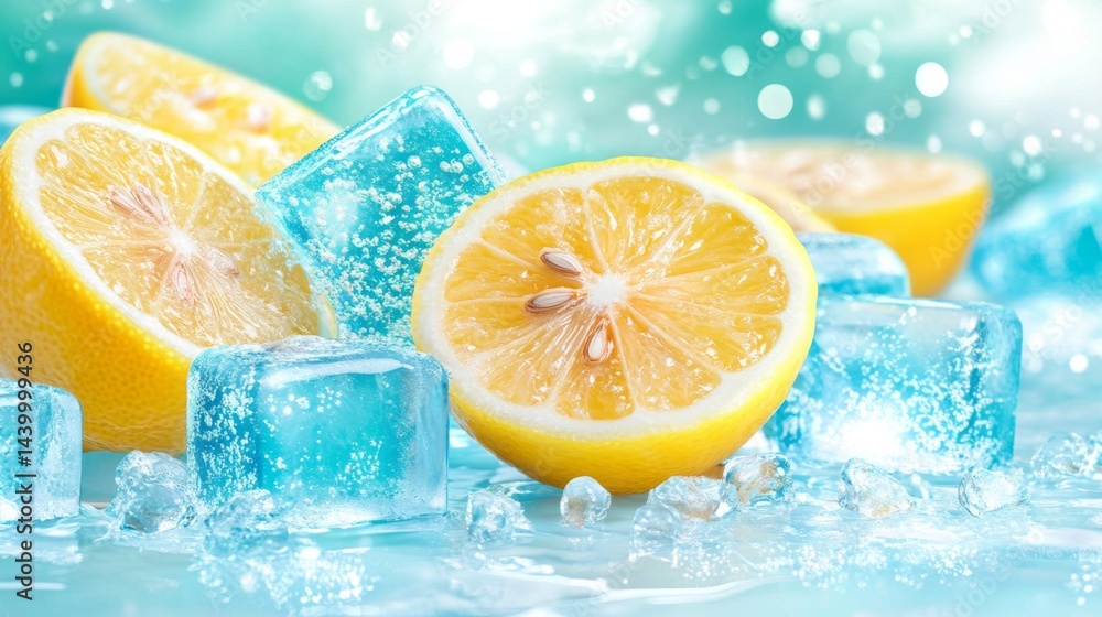 Poster fresh sliced yellow lemon with melting ice cubes surrounded by sparkling water drops and bright boke