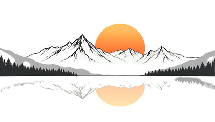 A minimalist design featuring mountain outlines with a yellow sun rising or setting behind them, set against a white background.
