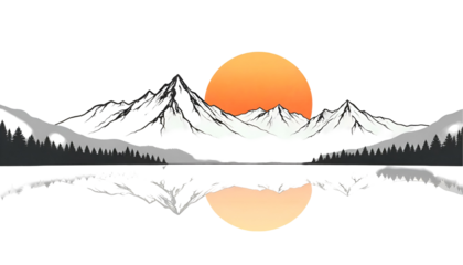 A minimalist design featuring mountain outlines with a yellow sun rising or setting behind them, set against a white background.
