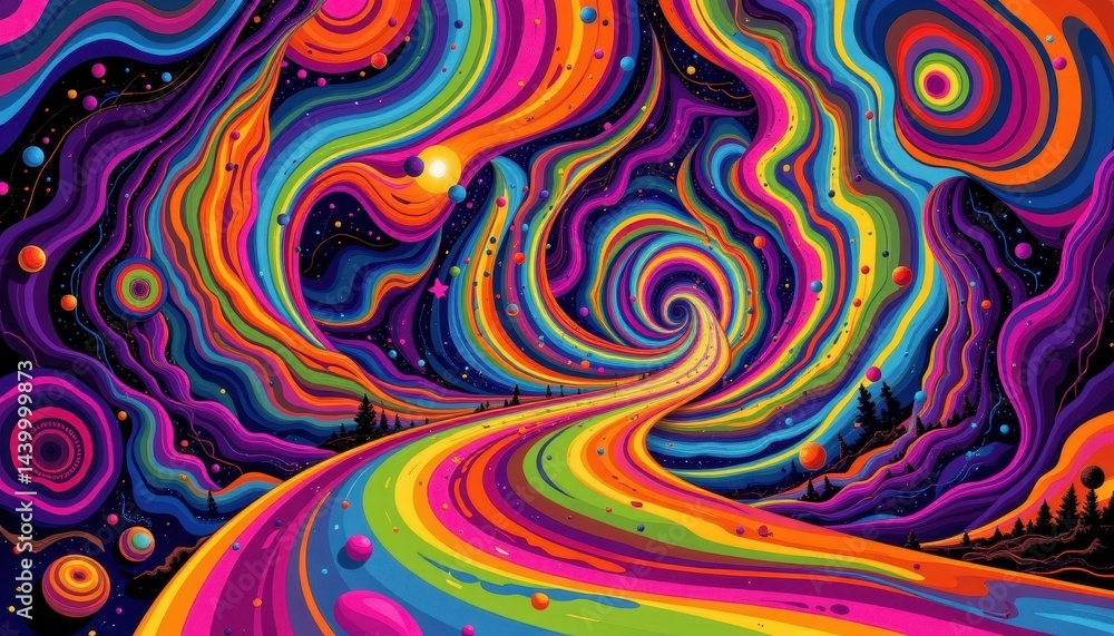 Poster retro vibes psychedelic colors and swirling patterns reminiscent of the 70s, influenced by visual ar