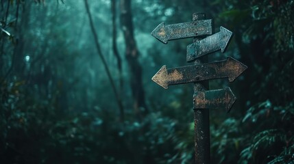 A weathered signpost stands amidst a misty forest, pointing in multiple directions.
