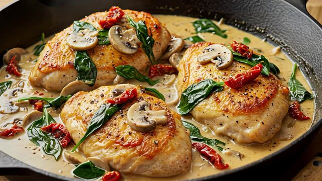 Delicious chicken in creamy spinach and mushroom sauce with sundried tomatoes prep