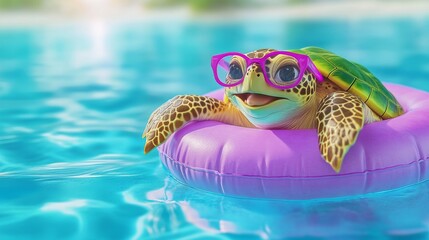 Cute turtle with purple sunglasses swims on inflatable ring in blue water on sunny day. Cartoon animal enjoying vacation. Summer holiday concept.
