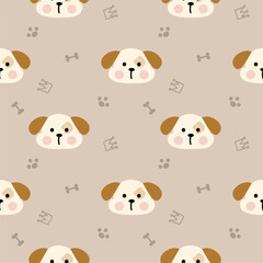 Face dog cartoon so cute. On bone footprint crown brown background. Pattern seamless vector illustration. 