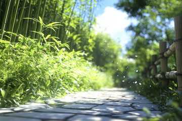 tranquil bamboo forest path with sunlight filtering through lush greenery, creating serene atmosphere