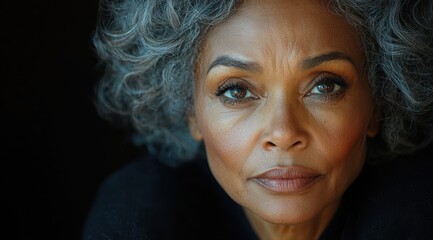 Elegant senior woman with gray curly hair expresses depth of emotion through her direct gaze in a close-up portrait.