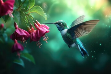 Naklejka premium A vibrant hummingbird hovers near fuchsia flowers, a moment of exquisite natural beauty.
