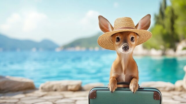 Cute deer wearing straw hat sits with suitcase on beach, adorable fawn ready for vacation journey, travel concept for poster background and greeting card