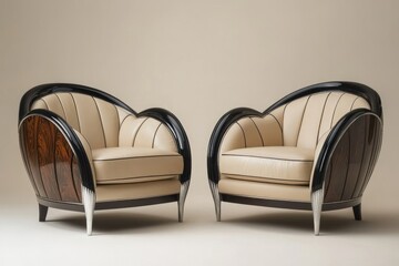 Pair of elegant art deco armchairs with beige leather upholstery and dark wood accents.