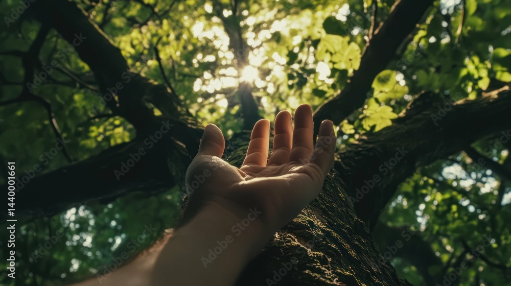 Aufkleber a hand reaches towards the sunlight filtering through the branches of a tree.