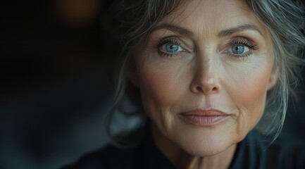 Striking close-up portrait of a mature woman with captivating light blue eyes, showcasing wisdom and subtle hints of a smile.