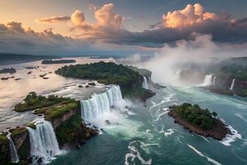 Fototapeta premium An aerial view showcasing the magnificent waterfalls with the sky in the background. The powerful cascades of water create a breathtaking scene.