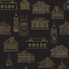 Fototapeta premium Vector seamless pattern with antique churches and wooden houses. Hand drawn golden doodles on a black background