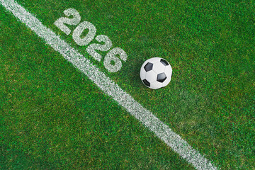 a soccer ball on the green grass on the line in soccer stadium.