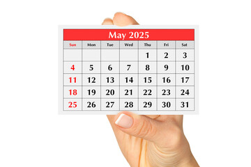 Page of the annual monthly calendar may 2025 in hand. Isolated on transparent png