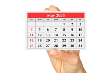 Page of the annual monthly calendar may 2025 in hand. Isolated on transparent png