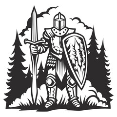 Armored medieval knight brandishing sword and shield, standing confidently amid stylized forest backdrop, in black and white vector graphic, embodying strength and valor of historical warriors.