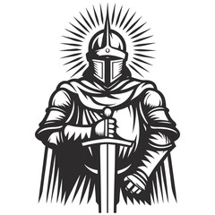 Obraz premium Medieval knight wearing full plate armor, holding large sword in front of him, with bright sunlight background, chivalry and strength during medieval battles.
