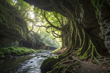 Fototapeta premium An enchanting view of a river winding through a mossy canyon.
