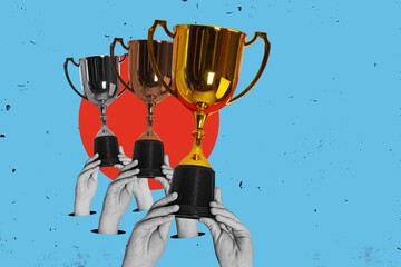 Flat design Illustration. Hands holding different trophies - silver, bronze and golden large winner...